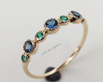 Natural London Blue Topaz & Emerald Ring, 14K Solid Yellow Gold Blue Topaz And Emerald  Ring, Dainty Ring, December May Birthstone