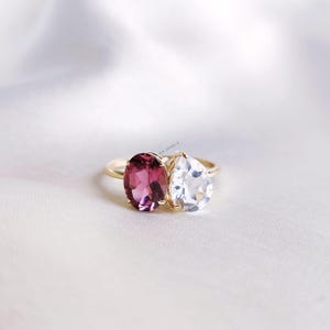 Natural White Topaz & Pink Tourmaline Ring, 14K Solid Yellow Gold Ring, Pear Oval Cut Engagement Ring, December Birthstone, Toi et Moi Ring