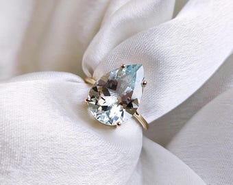 Pear Cut Natural Aquamarine Ring, 14K Solid Yellow Gold March Birthstone