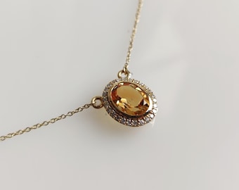 14K Solid Yellow Gold Natural Citrine Diamond Necklace, November Birthstone, Halo Jewelry