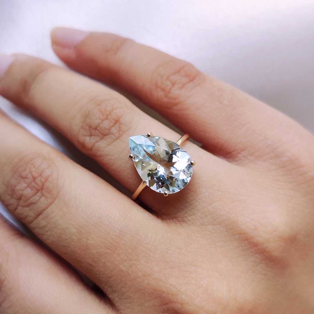 Natural Aquamarine Ring, 14K Solid Yellow Gold Aquamarine Ring, March ...