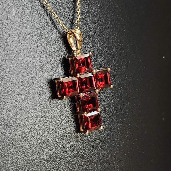 Natürlicher Granat Kreuz Anhänger, 14K Gelbgold, Januar Geburtsstein