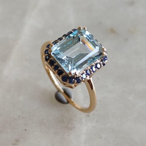 Natural Sky Blue Topaz & Blue Sapphire Ring, 14K Solid Yellow Gold Sky Blue Topaz Ring, Engagement Ring, December Birthstone, Sapphire Ring