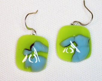 Glass Earrings, Dangle Earrings, Artisan Jewelry, Blue Green fused glass dangle earrings