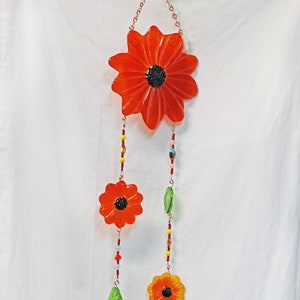 Red Orange Sunflower Wind Chime, Suncatcher, Bright Fused Glass Wind Chime, Glass Wind Chime, Garden Art