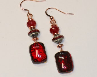 Rote Glas Ohrringe, Rotes Dichroic Glas, Karneol Stein, Baumeln Ohrringe, Dichroic Glas Ohrringe, Glasschmuck, Karneol Stein Ohrring
