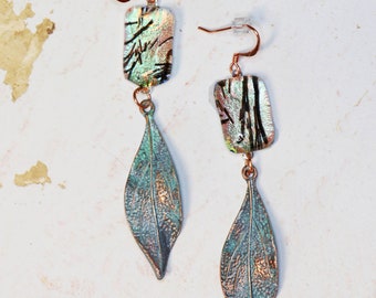 Frosted Patina Leaf and Aqua Blue Fused Glass Dangle Earrings