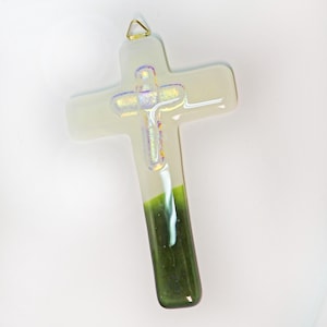 Dichroic Glass Cross: Cream White & Green Fused Glass Wall Hanging