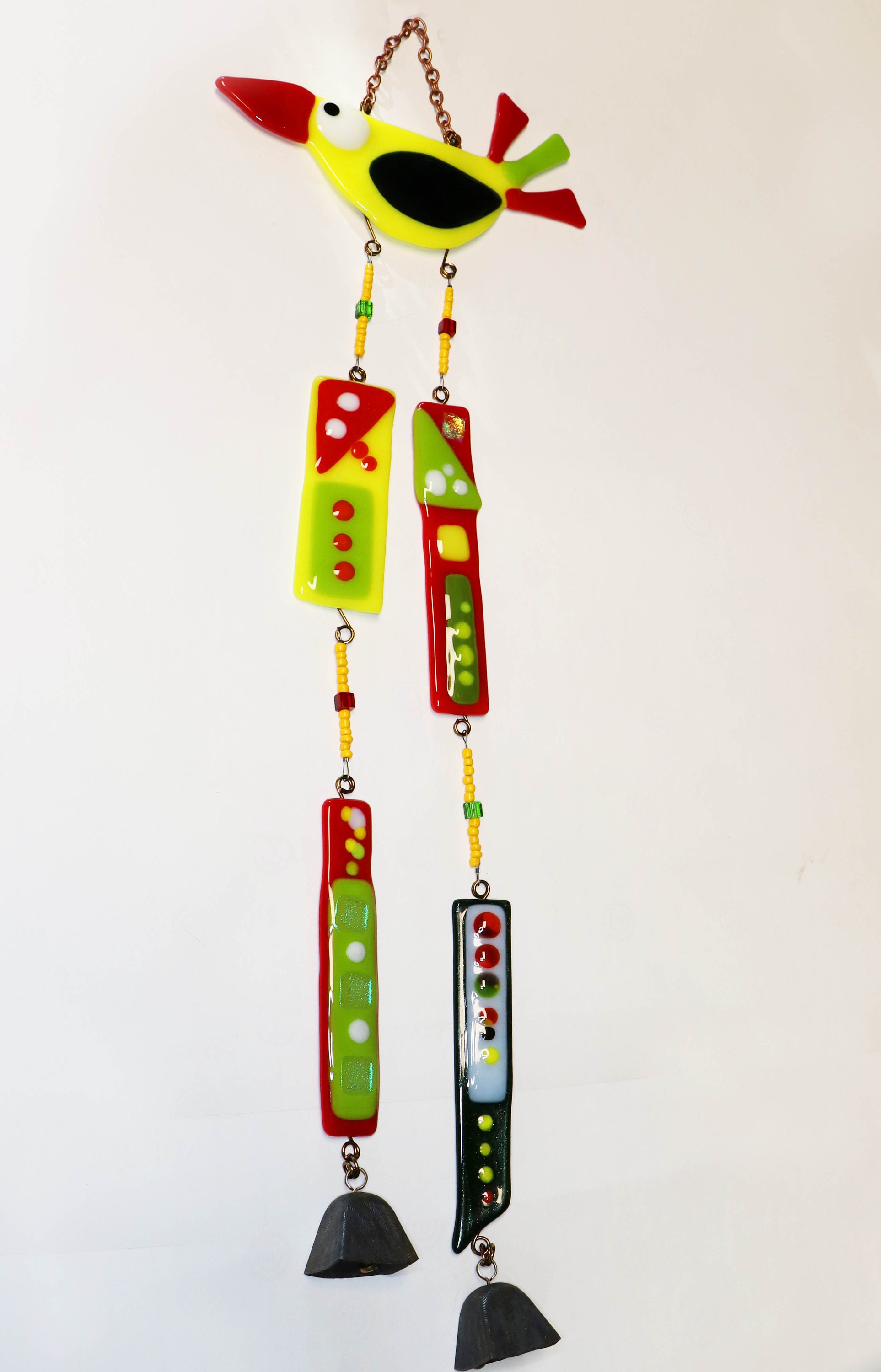 Wind Chime Yellow Bird Fused Glass Dark Green Wing and Etsy