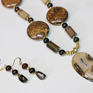 Agate Bronzite and Smoky Quartz Necklace, Smoky Quartz Earrings, Artisan Jewelry, Handmade Necklace,  Brass and Stone Necklace