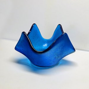 Iridescent Bright Blue Fused Glass Dish, Candle Holder, Glass Plate, Decorative Serving Tray, Handmade Glass Dish Bright Multi Color