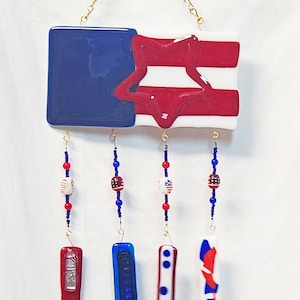 Fused Glass Wind Chime, Red White Blue Wind chime, Star Wind chime, Patriotic Gift, Stars and Stripes Wind Chime, Garden Decor, Glass Art