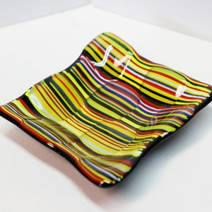 Decorative Glass Dish, Candle Holder, Handmade trinket dish, Handmade Gift, Stripes Bright Multi Color, Small Candy Dish, ring tray