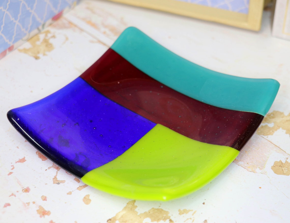 Handmade Glass Dish Bright Multi Color Etsy