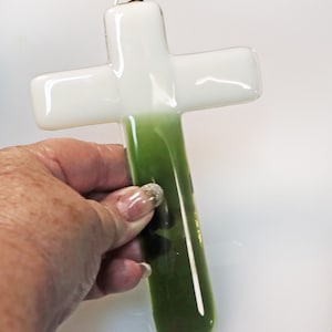 Cream White and Green Glass Cross 2, Fused Glass, Wall Hanging, Decorative Cross, Religious Gift, Wall Cross, Cross Ornament