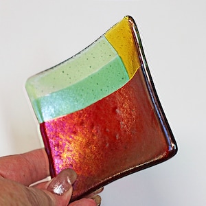 Iridescent Fused Glass Dish, Colorful Art Glass Plate, Decorative Serving Tray, Handmade Glass Dish Bright Multi Color