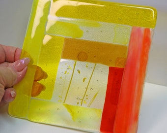 Dessous de plat en verre fusionné fait main, plaque chauffante décorative jaune, cadeau d'hôtesse