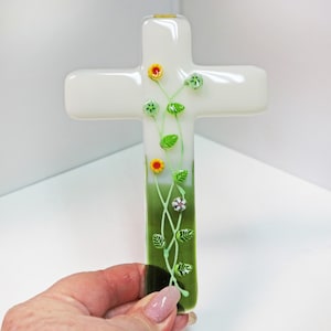 Fused Glass Cross: White, Green, and Murrini Flowers