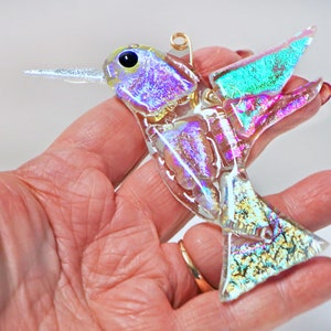 Hummingbird, Fused Glass Hummingbird, Hummingbird Gift, Hummingbird Ornament, Bird Lover, Garden Gift, Hanging Hummingbird, Dichroic Glass