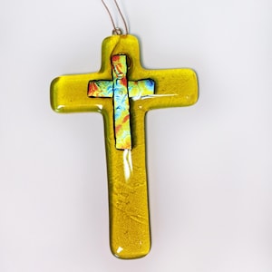 Fused Glass Cross: Bright Yellow Dichroic Ornament, Wall Hanging