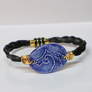 Pulsera de crin negra, pulsera vaquera, crin trenzada, pulsera de crin de caballo, joyería ecuestre, joyería occidental, pulsera de caballo azul