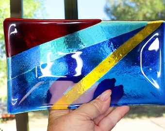 Colorful Glass Dish, Artisan Glass Tray,  Platter Fused Glass, Dichroic Glass