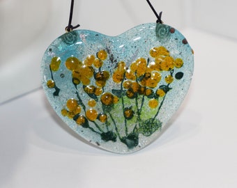 Suncatcher yellow Flower, Fused Glass suncatcher, Blue Sky and yellow flowers, Heart Suncatcher, Glass Suncatcher