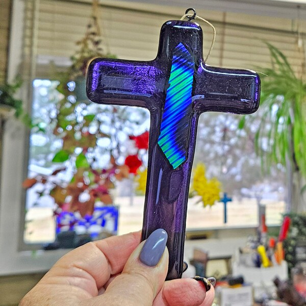 Cross, Dark Purple Cross, Fused Glass, Wall Hanging, Decorative Cross, Religious Gift, Wall Cross, Cross Ornament, Dichroic glass Cross