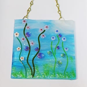 Suncatcher Flowers, Fused Glass Blue Sky and  murrini Flowers, art glass, window art, garden art, fused glass gift, handmade