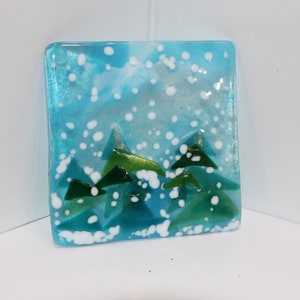 Fused Glass Winter Trivet: Iridescent Trees & Snowflakes