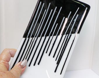 Contemporary Fused Glass Tray, Sushi Dish, Tray, Platter, black and white, modern glass, Contemporary Glass, handmade fused Glass