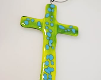 Bright Green Spotted Glass Cross: Fused Glass Ornament