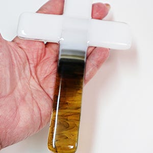 Fused Glass Cross: White & Amber Marbled Ornament
