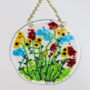 Colorful Flowers Suncatcher, Round Glass Art, Fused Glass, Wildflowers,  Monet Impressionistic Fused Glass, garden art
