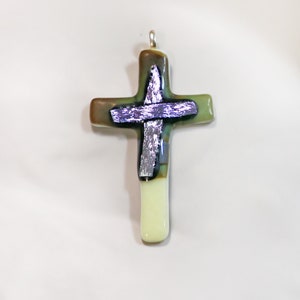 Cross, small cross pendant, cross ornament, Glass Cross, silver and cream Cross, One of a Kind Cross, Religious Gift, Dichroic Glass Cross