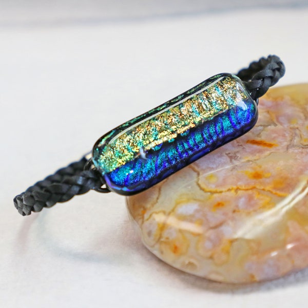 Leather Bracelet, Cowgirl bracelet, Braded leather Bracelet, Fused Glass, Blue Dichroic Glass, Western Jewelry