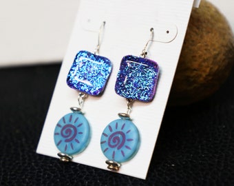 Fusing Glas Ohrringe, Dichroic Glas Ohrringe, Tschechische Perle, Blau Grün Dichroic Glas und Silber Ohrringe