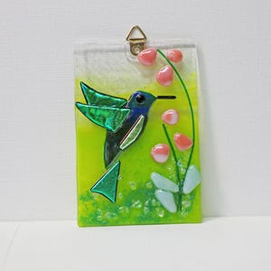 Green Blue Dichroic Hummingbird Suncatcher: Fused Glass Window Art