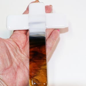 Fused Glass Cross: White & Amber Marbled Ornament