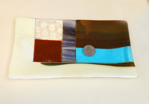 Fused Glass Trinket Dish Square Dichroic Iridescent Sushi Plate Signed 6.25\