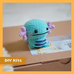 Puede incluir: Un peluche de axolotl tejido a crochet en azul claro con detalles morados. El axolotl tiene ojos negros y una franja morada en su cuerpo. El peluche está sentado en una caja marrón con el texto "Woopee DIY Kits" en ella.