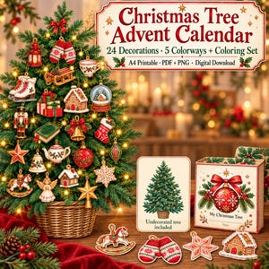 Könnte beinhalten: Ein Weihnachtsbaum-Adventskalender als digitaler Download mit einem geschmückten Tannenbaum im Korb, 24 Ornamenten und einer Schachtel mit der Aufschrift My Christmas Tree. Der Text lautet Christmas Tree Advent Calendar, 24 Decorations, 5 Colorways, Coloring Set, A4 Printable, PDF, PNG, Digital Download.