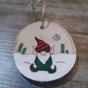 Elf ornament, wood slice ornament, gnome Christmas, gnomes, garden gnomes ornament, wooden tree ornament, rustic decor, rustic ornament