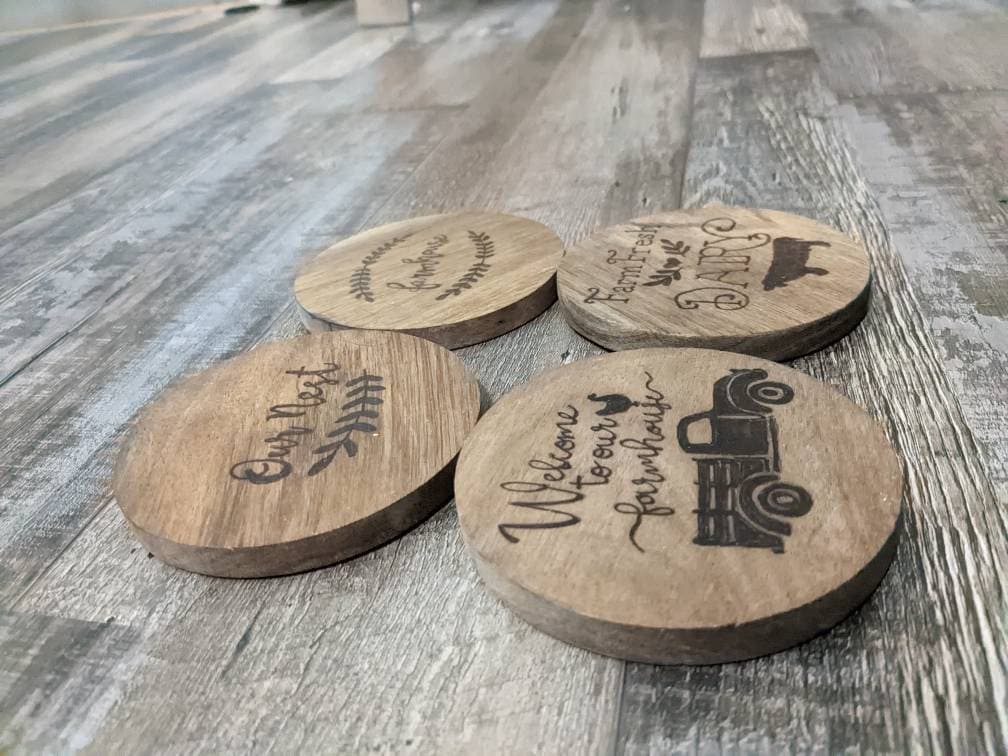 Burnt Wood and Galvanized Round Metal Rustic Farmhouse Coasters with  Holder, Set of 4