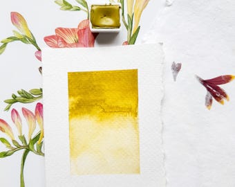 May include: A watercolor painting of a yellow gradient on a white paper background. The painting is surrounded by pressed flowers.