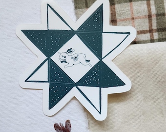 Rabbit Quilt Star Square Folk Art Die Cut Sticker