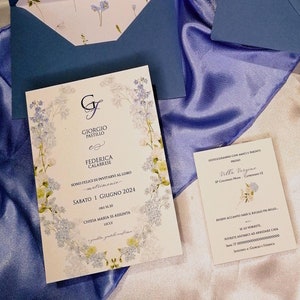 Partecipazione matrimonio fiori di campo - invito nozze floreale - blu polvere