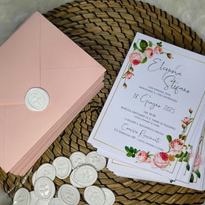60 Inviti di nozze floreale - partecipazioni di matrimonio personalizzate roselline rosa - busta rosa - sigillo ceralacca