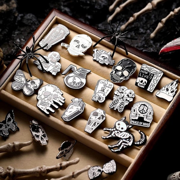 Skeleton Pins, Black and White Skulls, Cats & Coffee