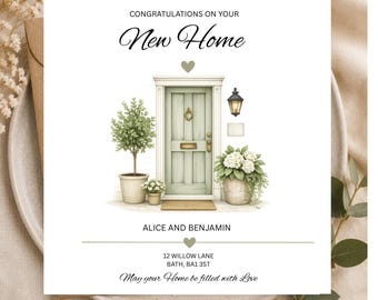 Könnte beinhalten: Glückwunschkarte zum neuen Zuhause mit einer Illustration einer grünen Haustür, Topfpflanzen und einer Laterne. Der Text "Glückwunsch zum neuen Zuhause" und die Namen "Alice und Benjamin" sind enthalten.
